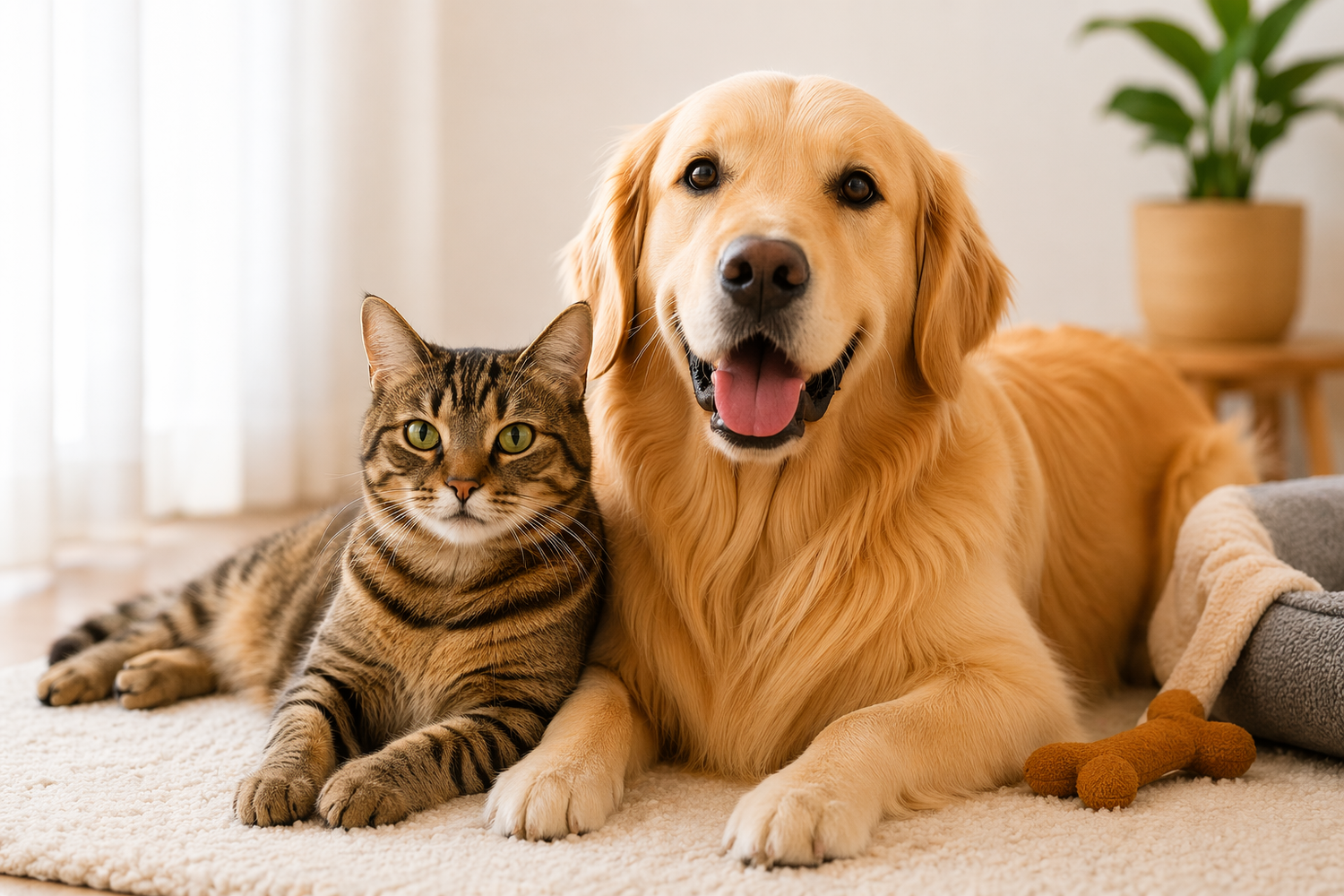 Cat and dog lying on a carpeted floor together