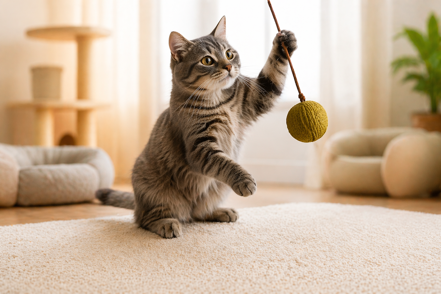 Cat playing with a yarn ball on a carpeted floor.